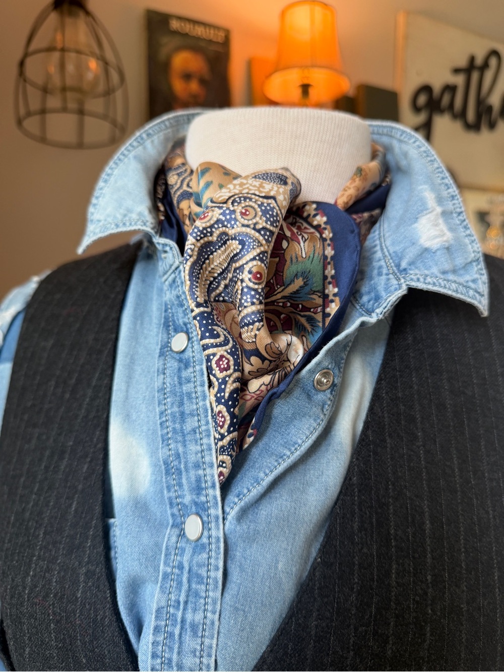 Bill Blass Scarf Navy Paisley Floral Oblong 59 x 10.5 Designer Vintage